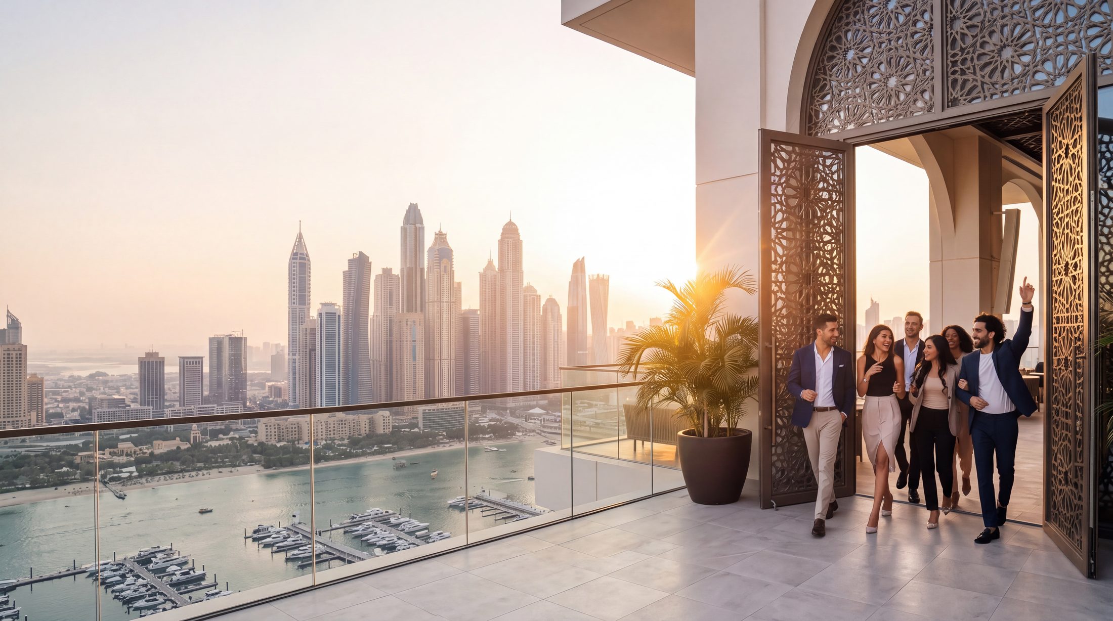 A group arriving on a high-rise terrace overlooking Dubai Marina at sunset
